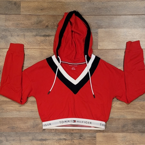 Tommy Hilfiger Sweaters - EUC Tommy Hilfiger Cropped Hooded Terry Top Sz Small